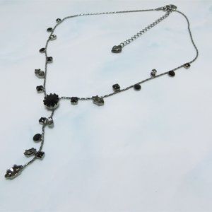 CORALEE Black & Green Rhinestone Dangle Vine & Leaf Type Silver Necklace